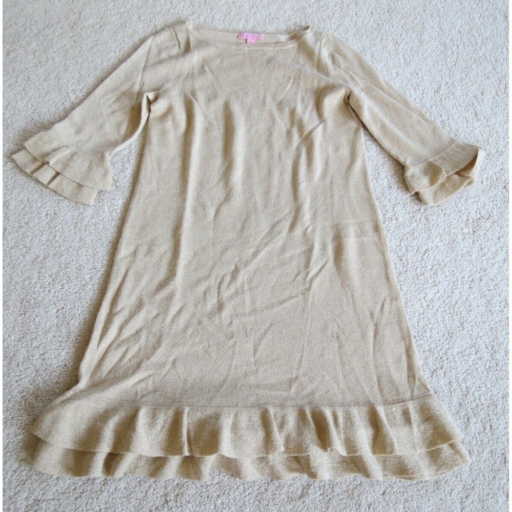 Lilly Pulitzer Merino Wool Blend Metallic Gold Ruffle Dress Small